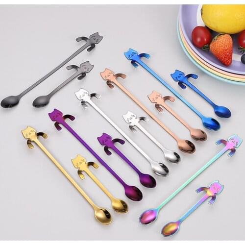 1pc Stainless Kitchen Cartoon Cat Hanging Cup Coffee Spoon Ice Cream Dessert Teaspoon Creative Hanging Spoon Tableware