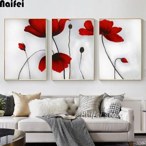 3 pcs 5D Diy Diamond Painting Abstract poppy Fiery-red Blooming Flower Cross Stitch Kit Full Drill Embroidery Mosaic Triptych