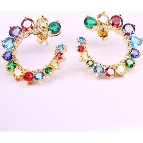 4Pairs, Rainbow Crystal Zirconia Stud Fashion Jewelry For Women Colorful CZ Circle Earrings Bridal Engagement Earring