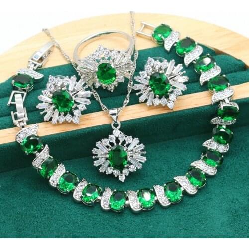 925 Silver Jewelry Set For Women Party Green Crystal Earrings Necklace Pendant Ring Wedding Bracelet Bride Christmas Gift 4PCS