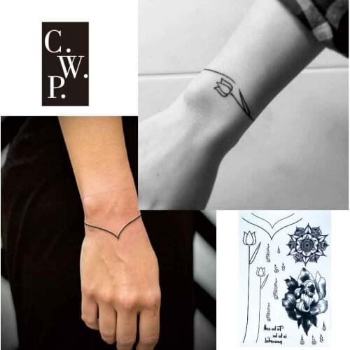 #BH1706 1 piece Simple Bracelet Black Line Tattoo with Flower Wrist Strap, Mandela pattern Temporary Tattoo for Hands Stickers