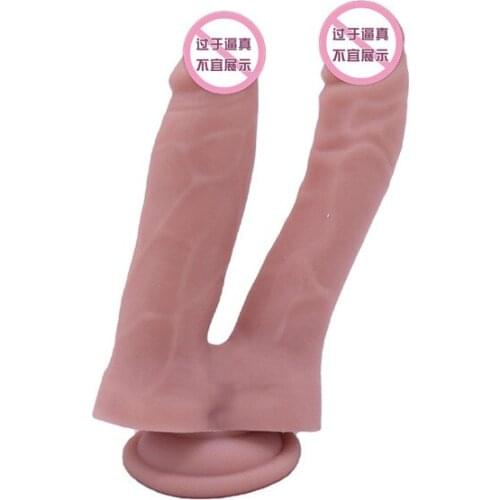 Double Headed Dildos Stimulation of Vagina and Anus Realistic Penis Dual Ended Phallus with Strong Cup Sex Toys for Women S0347