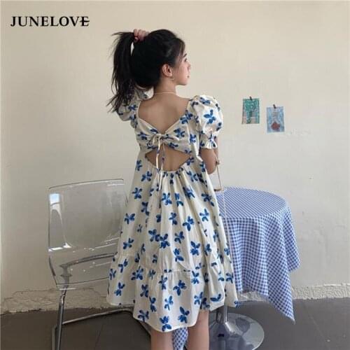 JuneLove Women Summer Casual Floral Print Backless Dress Vintage Puff Sleeve Square Collar Korean A-line Fairy Boho Vestidos