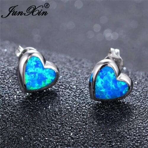 JUNXIN Cute Small Double Heart Stud Earrings For Women White Gold White Blue Fire Opal Earrings Wedding Piercing Jewelry