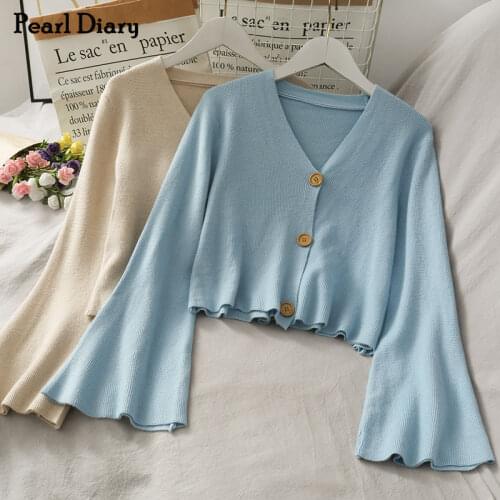 Pearl Diary Women Cropped Cardigans Solid Colors Buttons Front V Neck Flare Sleeve Chic Casual Spring Autumn Short Cardigan