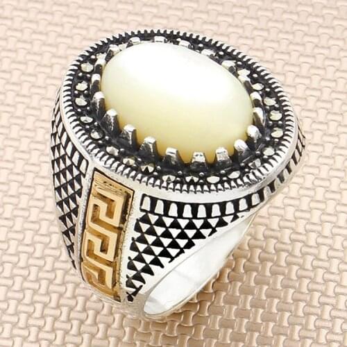 Oval White Yemen Agate Stone Silver Ring Vintage Men Silver Ring Bronz Color Big Heavy Silver Ring Solid 925 Sterling Silver