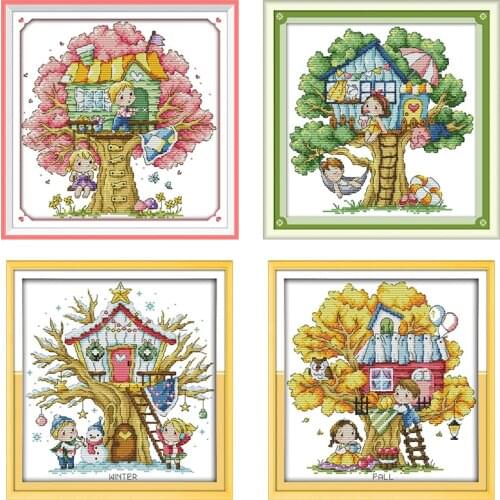 Joy Sunday Tree House Series Cartoon Cross Stitch Kit Aida 11CT 11CT Counted And Stamped Needle Thread Embroidery Set Room Decor