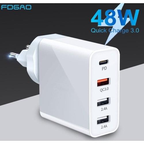 48W Quick Charge 3.0 PD Type C 4 USB Charger For iPhone 13 12 11 8 Wall Fast Charging Adapter Plug For Samsung S21 Xiaomi Huawei