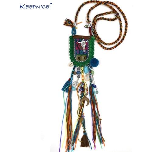 New Bohemia Ethnic Pompoms pendants Necklace handmade long fringe tassel buffalo head skull tauren Pendants Necklace