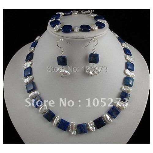 Stunning!jewelry set AA 5-18mm blue lapis& white Genuine freshwater pearl necklace bracelet earring Hot sale free shipping A2410