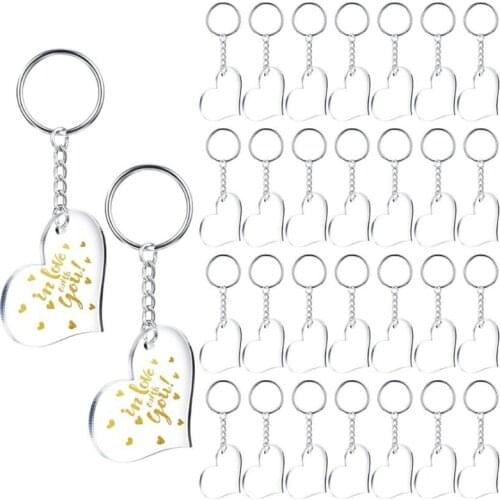 30 Blanks Clear Acrylic Blanks Heart Shape Plain Acrylic and 30 Pieces Key Chain Metal Key Rings for DIY Crafts