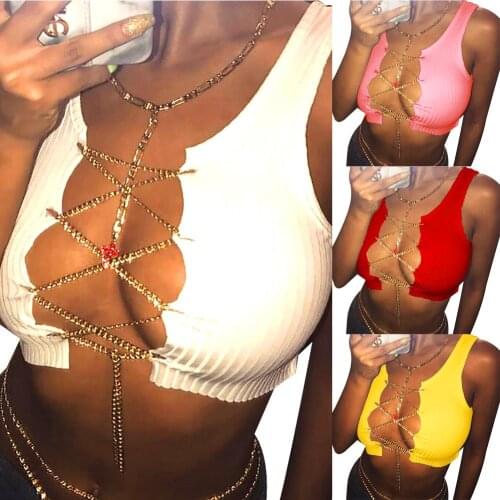 Sexy Women Sleeveless Adjustable Chain Hollow Out Cropped T-shirt Vest Brassiere