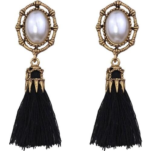 2019 Handmade Tassel Drop Earrings Pendant Vintage Gold Color Simulated Pearl Bijoux Black Dangle Tassel Earings for Women Lady