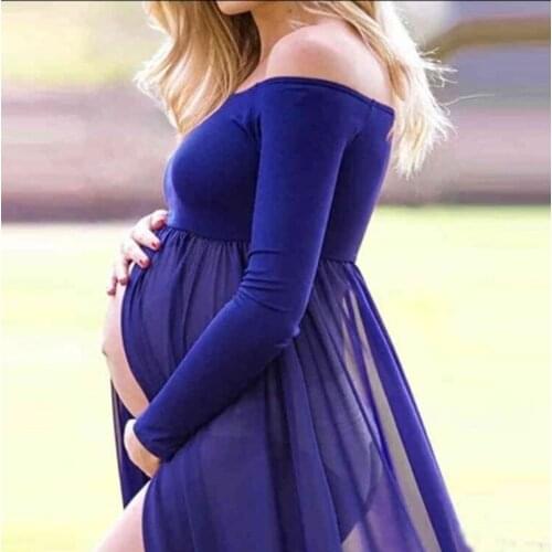 Long sleeve pregnancy dress Chiffon maternity maxi dress for autumn elegant pregnant women gowns for photo shooting boat neck