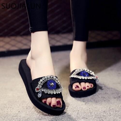 SUOJIALUN Women Shoes Sweet Beach Slippers Summer Woman Slippers Fashion Bling Rhinestone Flat Slides Women Black EVA Shoes