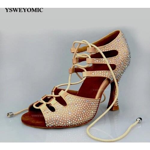 Rhinestones Latin Ballroom Dance Shoes Black Flesh Satin Suede Outsole Meduim Heel 7cm 6cm 2inch Latin Salsa Dance Party Shoes