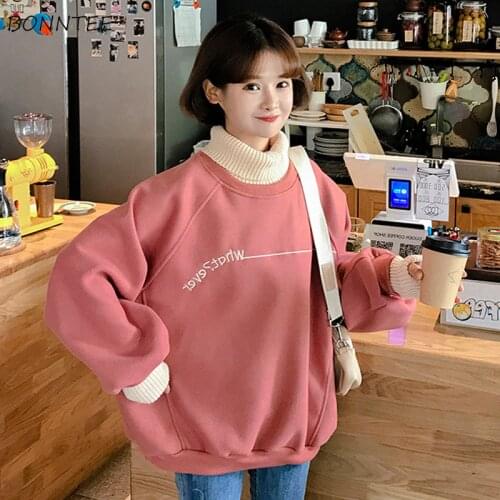 Hoodies Women Solid Thicker Plus Velvet False Two-piece Turtleneck Letter Embroidered Loose Womens Hoodie All-match Leisure Chic