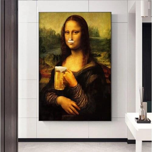 Funny Mona Lisa Drinking Beer Canvas Paintings Famous Posters and Prints Wall Art Modular Pictures for Living Room Home Decor
