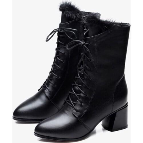 Pointed Toe Womens Ankle Boots Winter Mid-tube Lace-up Ladies Martin Boots High-heeled Fur Women High Heels Boots