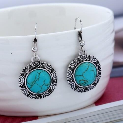 2020 Women Earrings Jewelry Retro Simple Round Engraving Natural Stone Turquoised Earring Features Texture Stone Earring