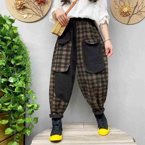 2021 Spring Autumn Arts Style Women Elastic Waist Patchwork Plaid Loose Jeans Big Pocket Design Cotton Denim Harem Pants V446