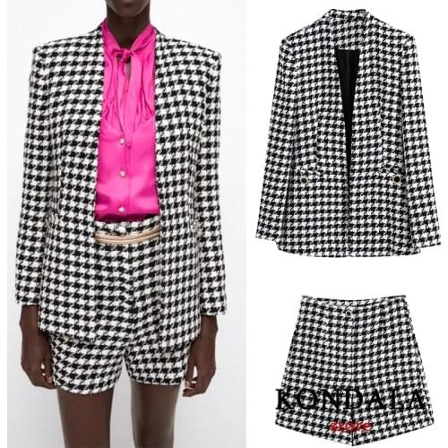 KONDALA Za 2021 Office Lady Gray Plaid Oversized Long Blazer Women V Neck Vintage Fashion Autumn Jackets Female Elegant Outwear