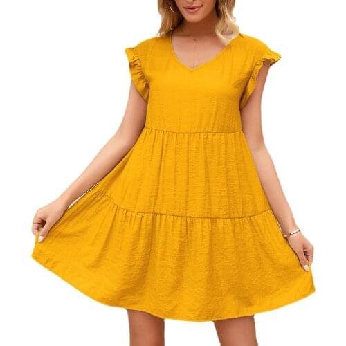 Womens Loose V-Neck Fungus Sleeve Dress Women Fashion Solid Color Black Short-Sleeved A-Line Mini Dress 2021 Summer New Femme