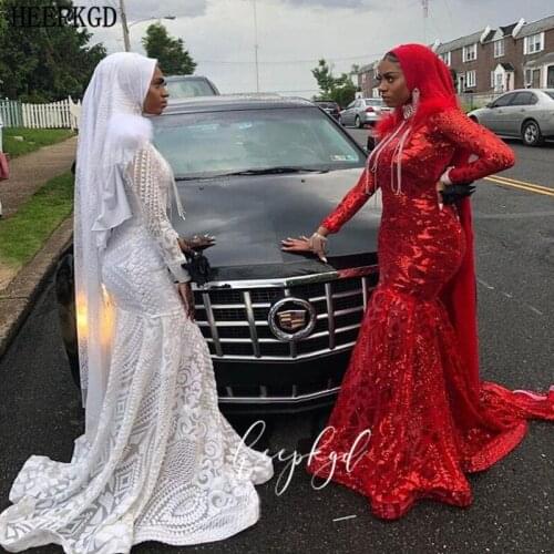 White Sequins Mermaid Long Sleeves Muslim Evening Dress With Feathers Plus Size Bridal Wedding Party Gowns Robe De Soiree
