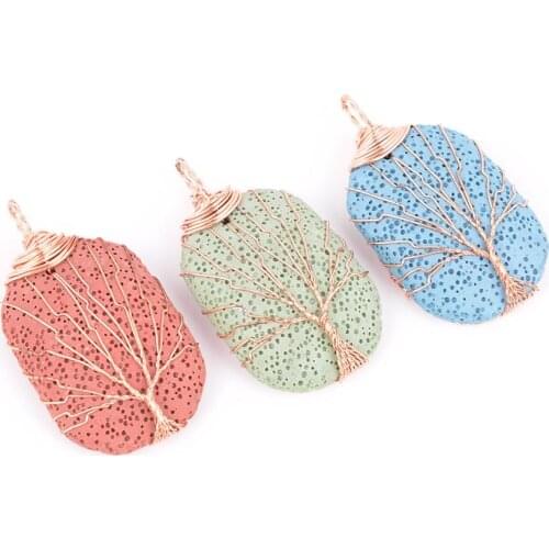 2019 Gold Color Tree of Life Wire Wrap Oval Necklace & Pendant Reiki Natural Gem Stone Purple Blue Lava Volcanic Jewelry D354