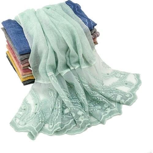 2020 Embroidered Floral Cotton Scarf Plain Foulard Muslim Women Fashion Long Lace Shawl Female Beach Sunscreen Scarves Headband