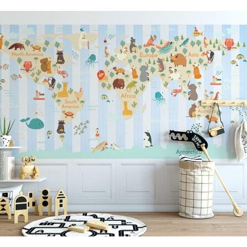 3D Cartoon Map of the worldp Wallpaper Art Wall Mural Living Room bedroom paper Wall Mural Forest animal Wallpaper for Kid room