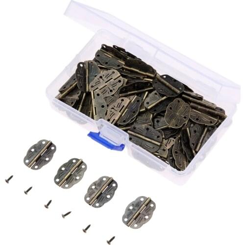 60Pcs 30*21mm Iron Jewelry Wood Boxes Cabinet Door Furniture Hinges Set Mini Decorative Hinge with Storage Box & 360Pcs Screws