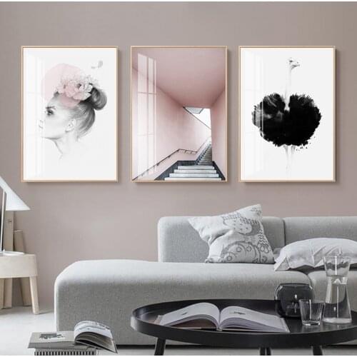 Girls Ostrich Abstract Canvas Painting Black Feather Pink Poster Print Nordic Wall Art Picture for Living Room Home Office Decor