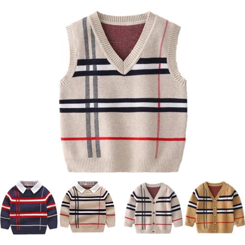 2-8Y Kid Boy Clothes Autumn Winter Warm pullover Top Long Sleeve Plaid Sweater Fashion Knitted Gentleman Knitwear