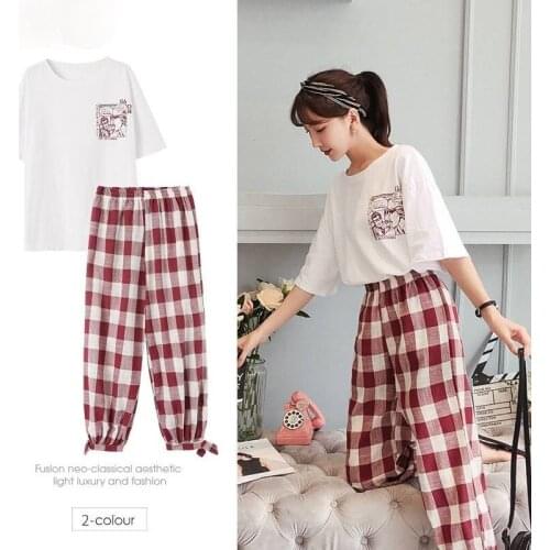 Plaid Pants Suit Female Student Korean Loose Short-sleeved Top + Plaid Nine-point Pants Womens Casual Home Two-piece Suit