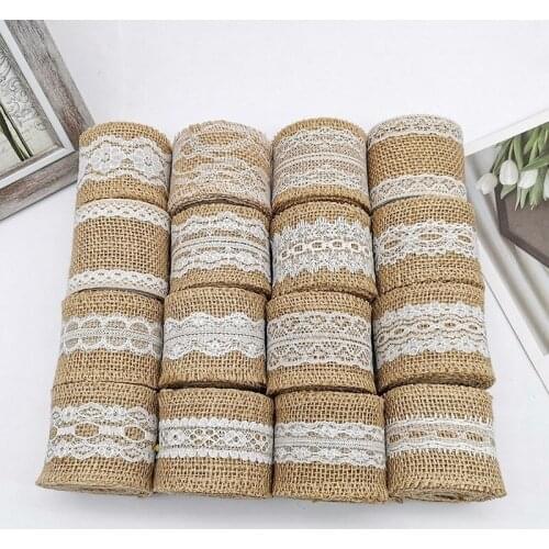 2M Burlap Ribbon Roll with White Lace Trims Tape for Arts Crafts Homemade DIY Projects Gift Wrapping Christmas Decorations