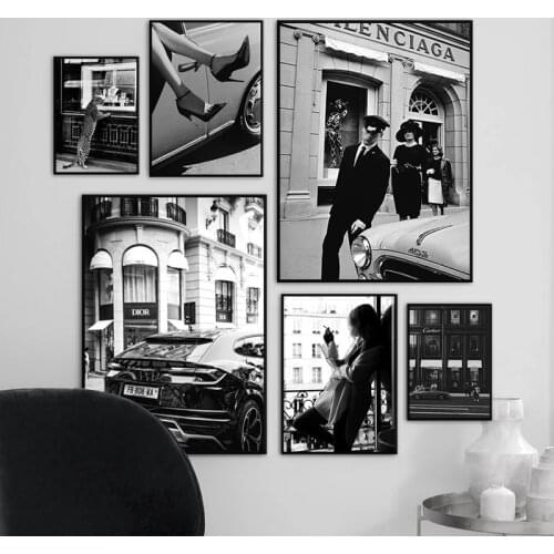 Fashion Paris Streets Posters and Prints Nordic Wall Art Canvas Painting Black and White Figure Pictures for Living Room Decor