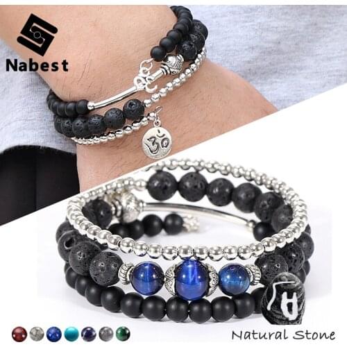 Men Women Natural Lava Stone Bracelets Copper Tube Yoga Reiki Charm Tiger Eye Onyx Alabaster Beads Multilayer Bangles Jewelry