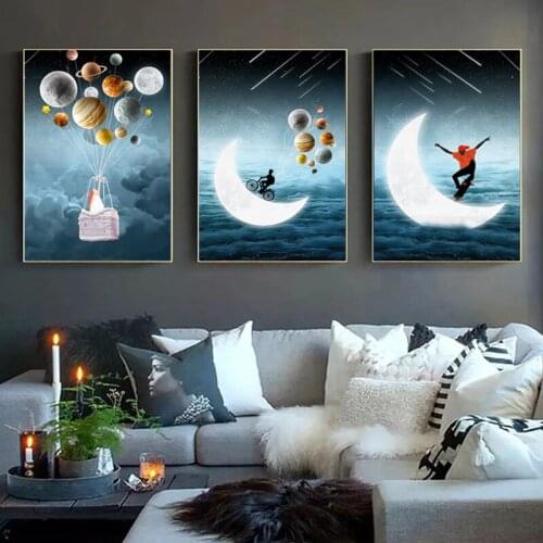 Starry Moon Space Astronaut Canvas Paintings Wall Art Posters Prints Wall Pictures for Kids Room Modern Home Wall Cuadros Decor