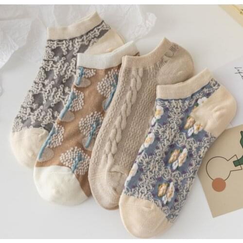 4 Pairs Korean Fashion Ankle Socks WomenSet Designer Harajuku Short Mujer Flowers Print Slouch Cool Sock Pack Gifts Calcetines