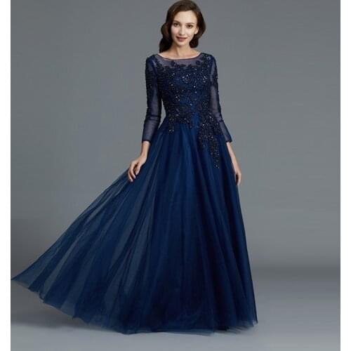 Wholesale Royal Blue Lace Applique Mother of the Bride Dresses A Line Three Quarter Sleeves Wedding Guest Dresses Beaded