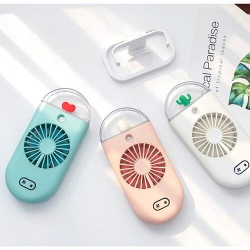 Mini Handheld USB Fan Portable Personal Handy Fan w/ LED Night Light Portable Mini Spray Humidifier Rechargeable for Kid
