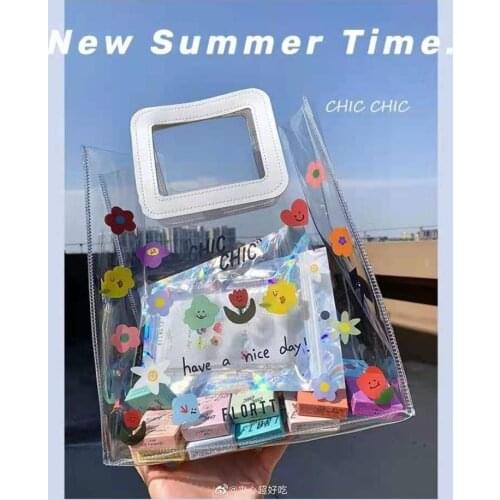 Transparent PVC Bag Portable Storage Woman Flower Pattern Korean Ins Japan Cosmetic Purse Convenient Fashion Simple Versatile