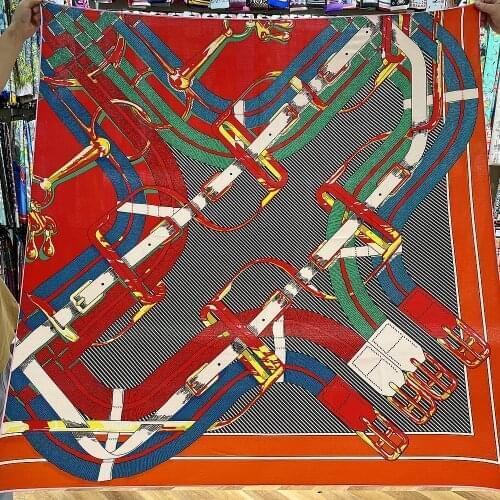 Silk Cashmere Scarf Women Hand Rolled Shawls Melt Chain Print Square Scarves Wraps Lady Bandana Big Hijabs Female Foulards 135CM