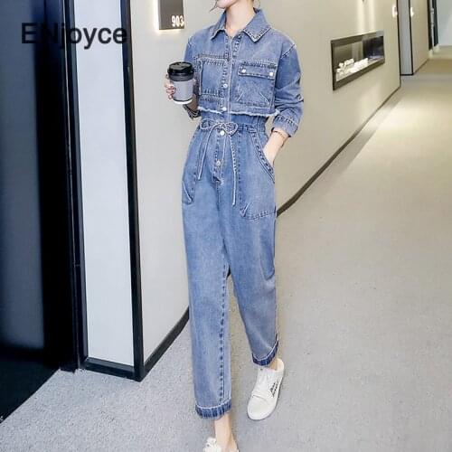Spring Denim High Waist Drawstring Jumpsuit Women Korean Style Fashion Fake Two-piece Loose Jumpsuits Overalls Romper Bodysuit