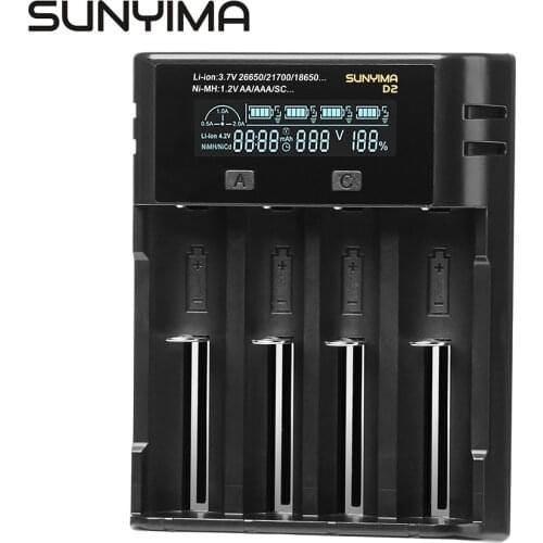 SUNYIMA D2 3.7V 18650 4 Slot TypeC Battery Charger For AAA/AA 5V2A LCD/USB with LED Indicator Ni-MH/Ni-Cd 21700/26650/10440