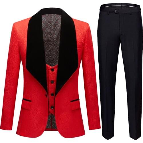Mens Fashion Big Shawl Lapel 3 Pieces Set Pink Red Blue White Black Wedding Groom Suits Quality Jacquard Banquet Tuxedo