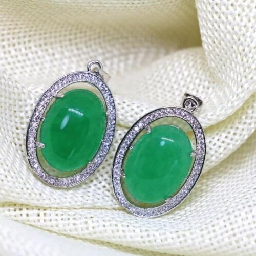 High quality Bohemia style green natural chalcedony jades stone oval drop pendant women gift silver-color jewelry 18*25mm B1876