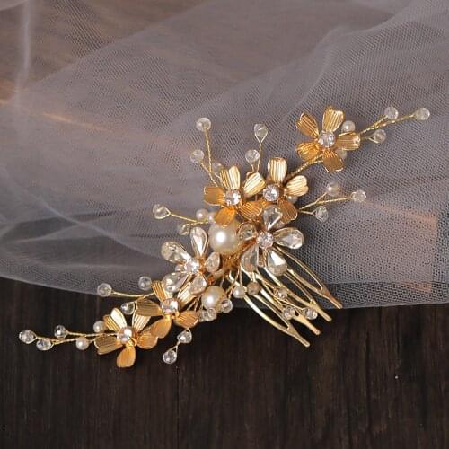 Vintage Gold Color Pearls Hair Combs Tiara Wedding Bridal Hair Accessories Women Leaf Hair Clips Flowers Handmade Head Jewelry