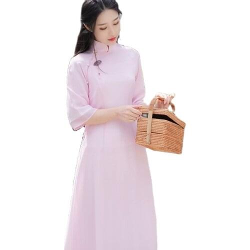 Spring/Summer 2021 Womens Chinese Improved Cheongsam Short Sleeve Dress Slant Collar Slit Solid Color Stand Collar Midi Dress